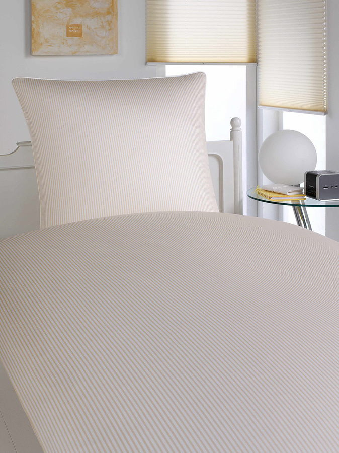 Hamburger Streifen 2460 Mako-Satin Bettwäsche Set aus Baumwolle mit Bettbezug und Kissenbezug, gestreift, Weiß/Beige, B/T/H: 200 x 200 cm und 80 x 80 cm - Bild 1