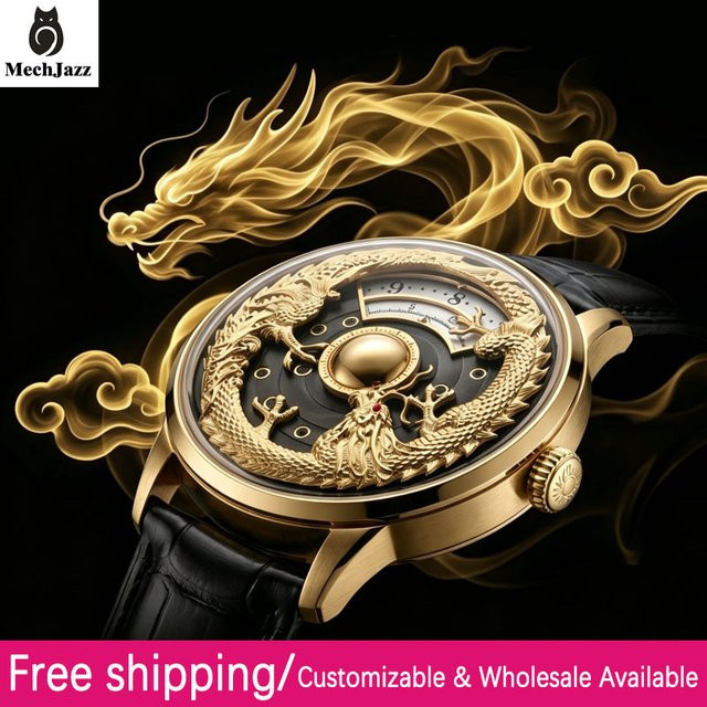 MechJazz Herrenuhr, Automatik, Lederarmband, Saphirglas, Gold - Bild 1