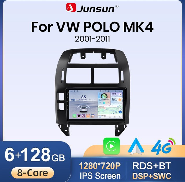 Junsun Kabelloses CarPlay und Android Auto Autoradio für VW Volkswagen Polo Mk4 2001-2011, 2 DIN Multimedia-Stereoanlage in Schwarz mit GPS, Bluetooth, integriertem Lüfter und IPS-Bildschirm - Bild 1