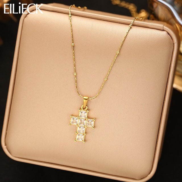EILIECK Halskette mit Kreuz-Anhänger, Zirkonia, Gold, Damen - Bild 1