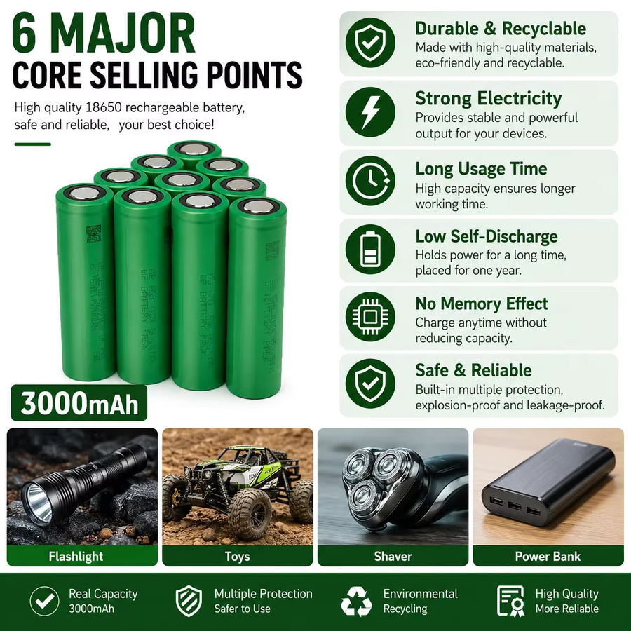 Original 18650 VTC6 Lithium-Ionen-Akku, 3,7 V, 3000 mAh, 30 A Entladestrom, Grün - Bild 2