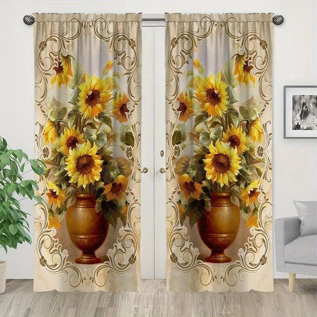 2er-Set elegante Vorhänge mit goldenem Blumenmuster, halbtransparent, B: 110 cm, H: 214 cm - Bild 1