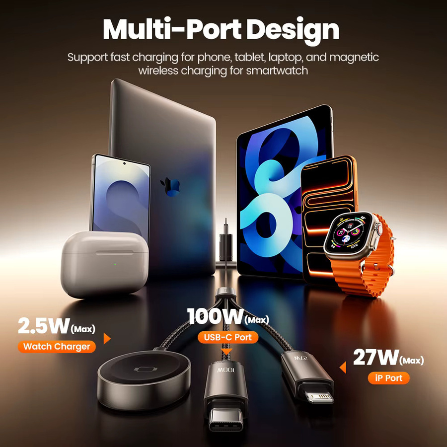 Toocki 3-in-1 USB-C-auf-C-auf-Lightning-Ladekabel mit Uhrenladegerät für iWatch, 100W Schnellladefunktion für iPhone 15, 16, 17 Pro, Schwarz oder Grau - Bild 4