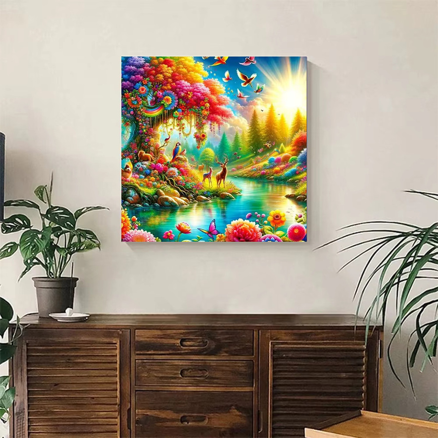 Evershine Diamant-Stickerei Landschaft mit Baum und Fluss als Mosaik-Wandkunst in Multicolor mit vollen Quadraten und Strasssteinen - Bild 3