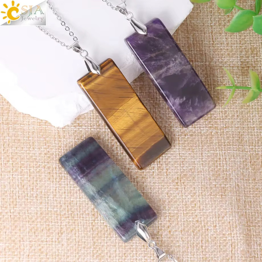 CSJA Halskette mit Anhänger Edelstahl, Fluorit, Amethyst, Tigerauge, Unisex - Bild 1