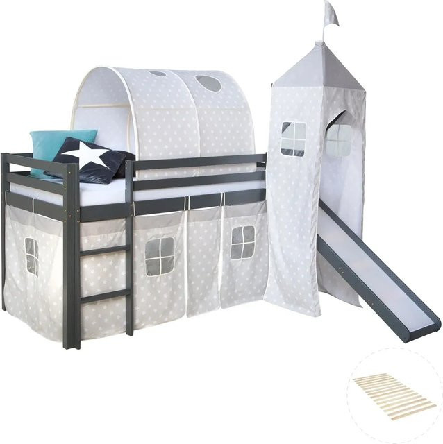 Homestyle4u Kinderhochbett aus Kiefernholz mit Rutsche und Turm, Grau, B/T/H: 90 x 200 x 207,5 cm - Bild 1