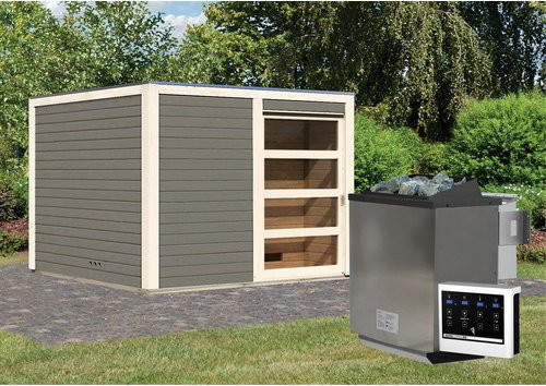 KARIBU Saunahaus Kandau aus Fichtenholz in Grau mit 9 kW Bio-Kombi-Ofen und externer Steuerung, B/T/H: 276 x 276 x 210 cm - Bild 1