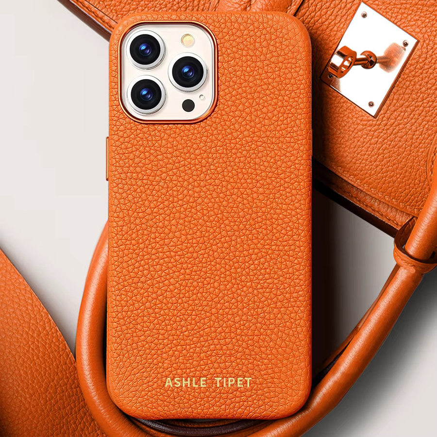 MagSafe Handyhülle aus natürlichem Rindsleder mit Metallrahmen für iPhone 13 Pro Max, iPhone 13 Pro und iPhone 13 Mini von LANGSIDI in Rot und Orange - Bild 2