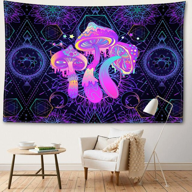 Super Six Wandteppich Lila Geometrischer Pilz Abstrakte Kunst Boho Tapisserie Breite: 95 cm, Höhe: 73 cm - Bild 1