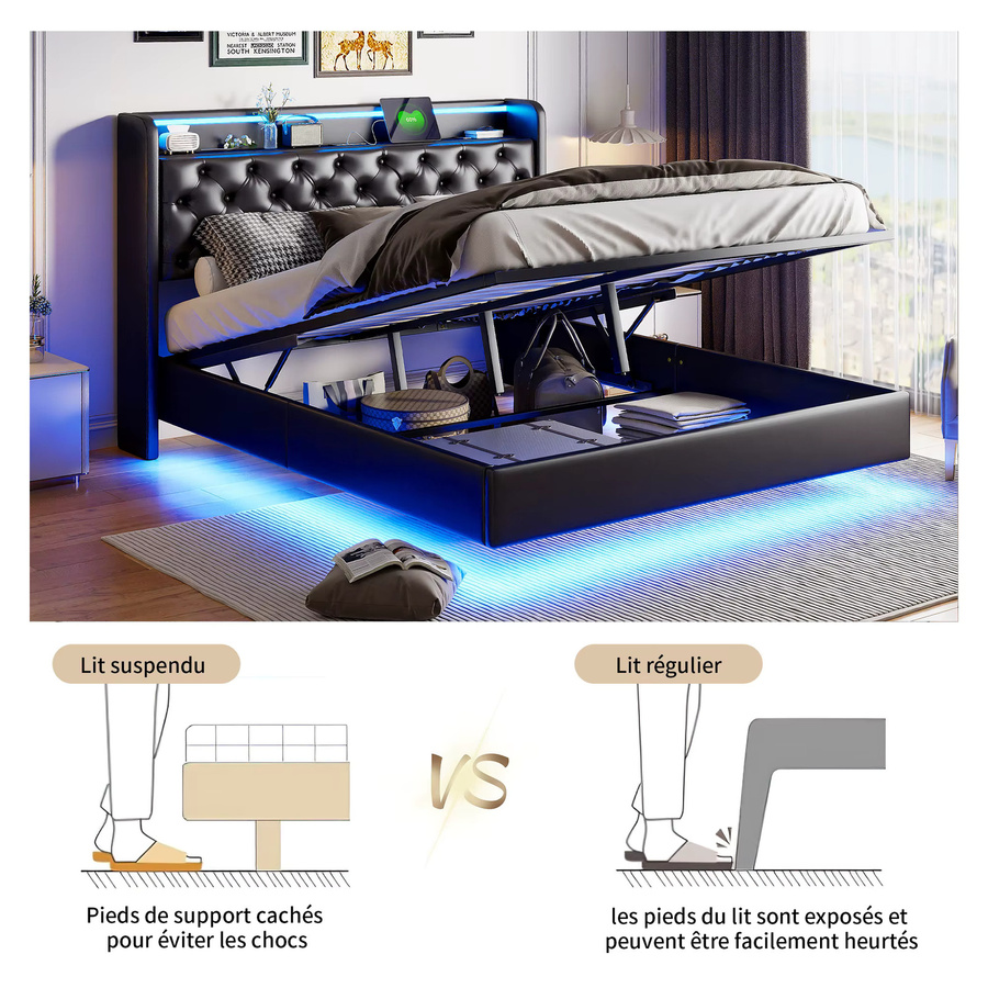 Rosahqnda Polsterbett in Schwarz mit LED-Beleuchtung, USB-Aufladung und Stauraum im Kopfteil, B/T/H: 140 x 200 cm - Bild 5