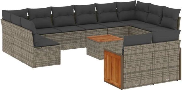 vidaXL 13-teilige Garten-Sofagarnitur aus Poly Rattan und Akazienholz in Grau mit Kissen - Bild 1