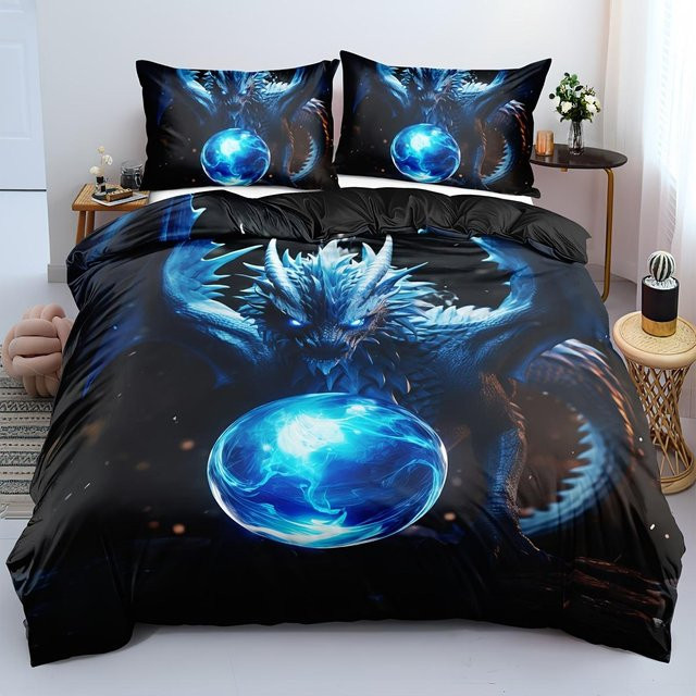 3-teiliges Bettwäsche-Set mit Drachenmuster in Blau und Multicolour, weiches Microfaser-Bettbezug-Set inklusive Kissenbezügen, Breite: 228 cm - Bild 1