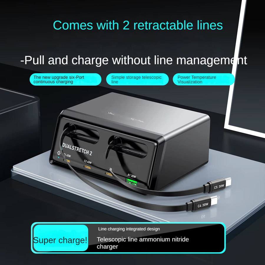 Deepartner Dualstretch 6-in-1 Ladestation mit einziehbaren Kabeln, 210W Power Hub für schnelles Laden von Handys und Geräten, Schwarz - Bild 2