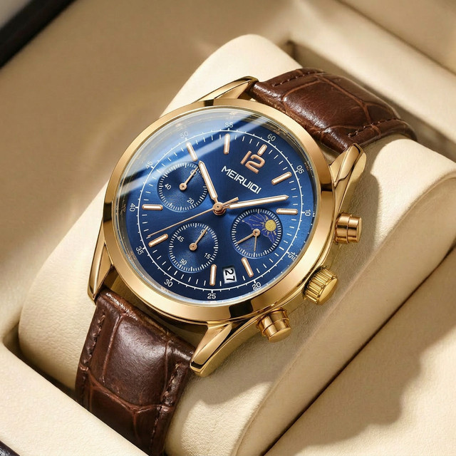 MEIRUIQI Chronograph Armbanduhr, Quarz, Lederarmband, Blau, Herren - Bild 1