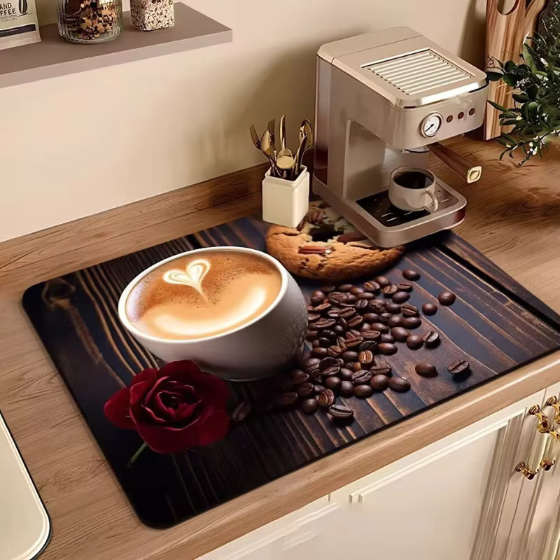 VIKAMA Vintage Handbemalte Kaffeemaschinen-Matte Rutschfeste Abtropfmatte für die Küchenarbeitsplatte - Bild 1