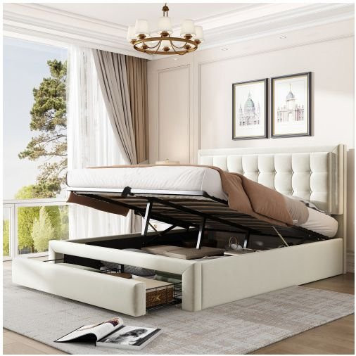 MUVOE Bettgestell in Beige mit 2 Schubladen und verstellbarem Kopfteil, B/T: 190 x 140 cm - Bild 1