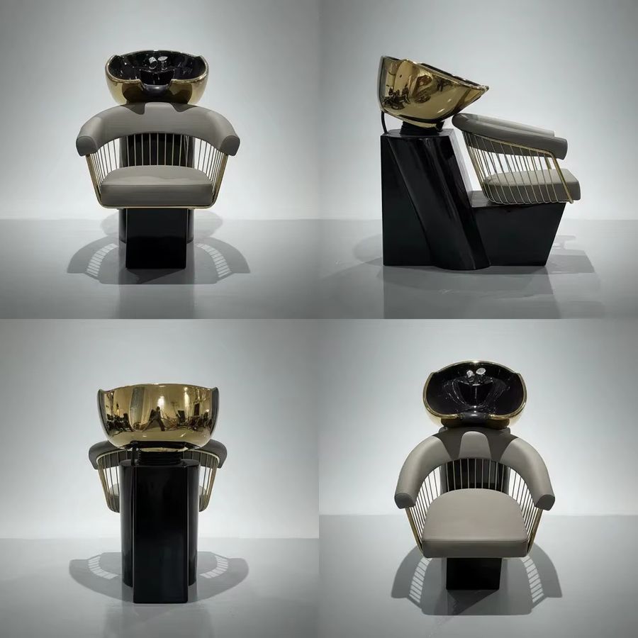 Keyunshi Shampoo-Stuhl für Friseursalons in Hellgrau und Gold mit ergonomischen Armlehnen und Plüschkissen - Bild 4