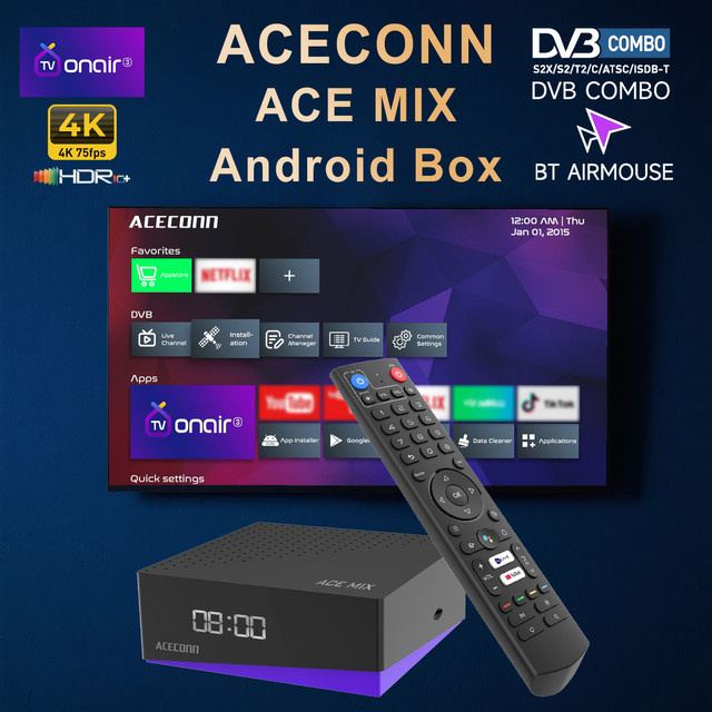 ACECONN Android IPTV Box TVONAIR3 Satellitenempfänger mit 32GB Speicher, 4K UHD, DVB-S2/T2/C, Dual WiFi und Bluetooth in Schwarz - Bild 1