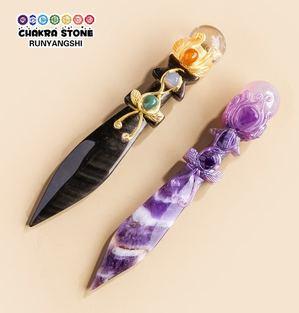 Runyangshi Handgeschnitztes Obsidian und Chevron Amethyst Kristallmesser Athame in Schwarz und Lila als Altar-Dekoration - Bild 1
