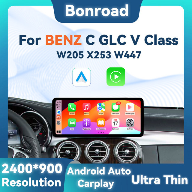 BONROAD 12,3 Zoll Auto Multimedia Radio mit Touchscreen, Drahtloses CarPlay und Android Auto sowie GPS für Mercedes Benz C GLC V W204 W205, Schwarz - Bild 1