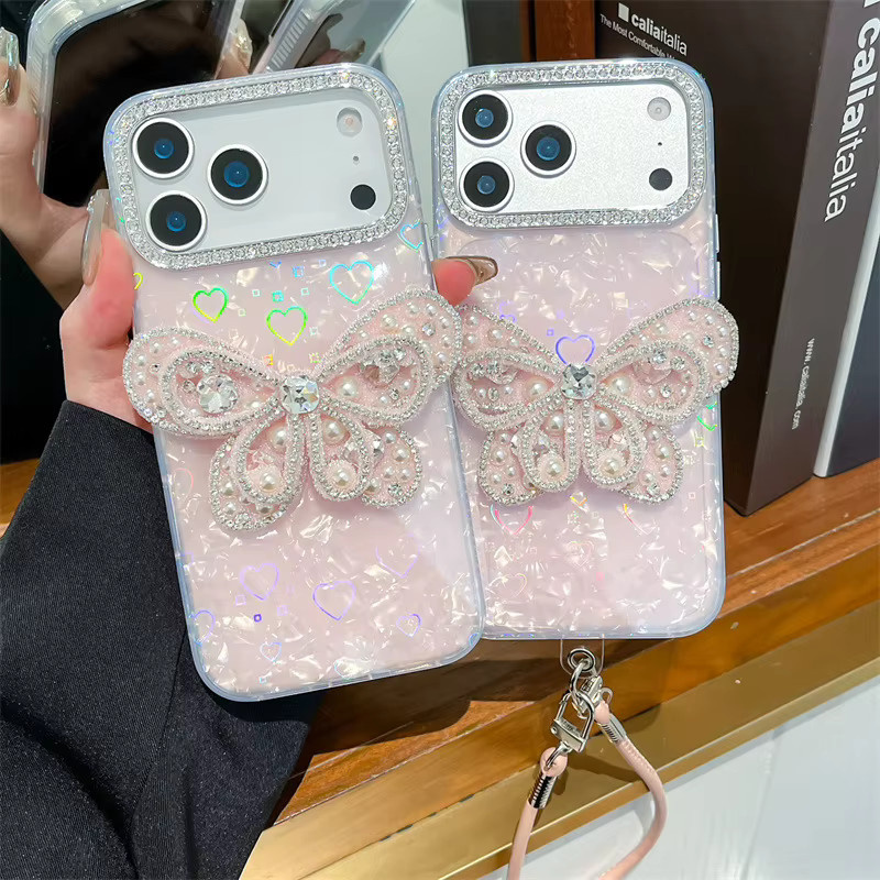 MUQGEW Luxuriöse iPhone Handyhülle mit Laser-Herz-Shell-Muster und vergoldetem Diamant-Schmetterlings-Design in Gold, stoßfeste Schutzhülle für iPhone 17, 16, 15, 14, 13 Pro Max - Bild 3