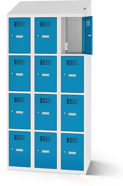 rotstahl Fächerschrank mit Ladefunktion und 12 Fächern (3x4), blau, Korpus lichtgrau, B: 90 cm, H: 200 cm - Bild 1