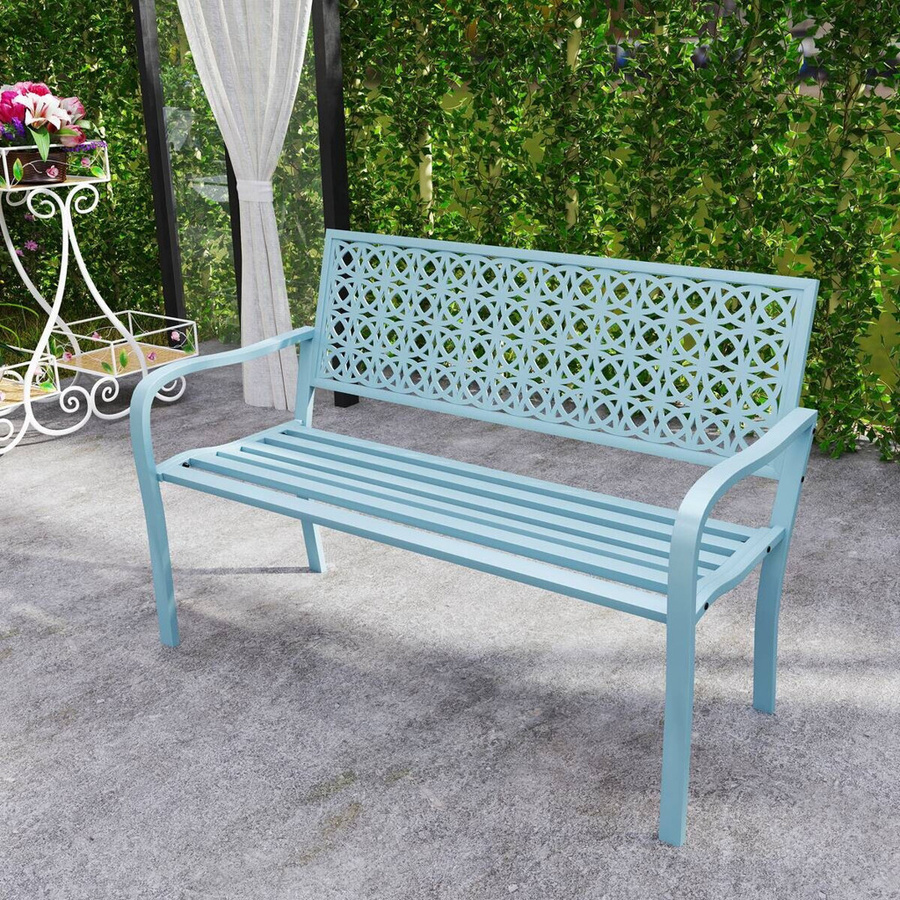 Outsunny Gartenbank aus Stahl mit Armlehnen, wetterfeste 2-Sitzer Sitzbank in Blau, B/T/H: 127 x 63 x 85 cm - Bild 3