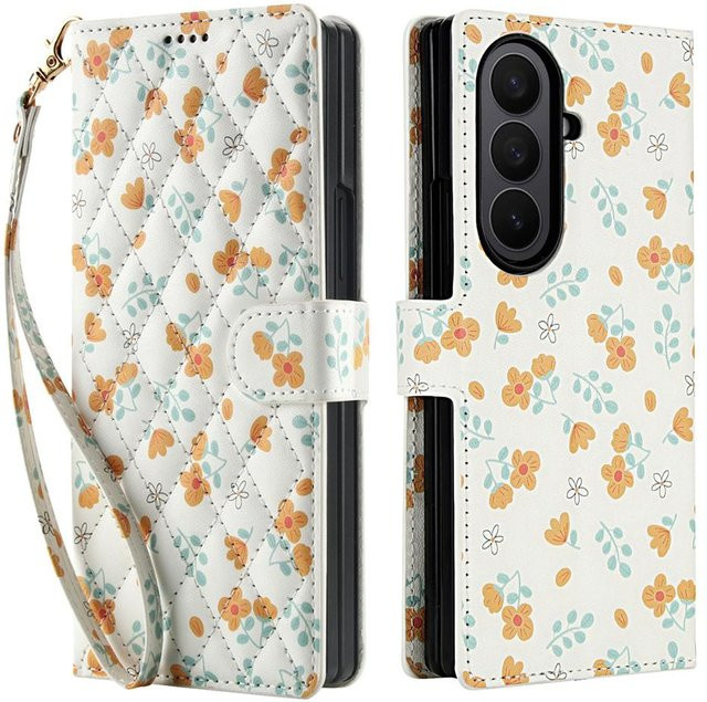 Samsung Galaxy Z Fold 5 4 6 7 5G Klapphandyhülle aus weißem Leder mit buntem Blumenmuster, Geldbörse und Handschlaufe, stoßfeste Schutzhülle Case mit Strap - Bild 1