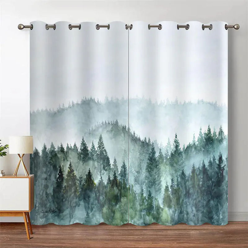 A Family Of Home Textiles Fenstervorhang mit grünem Wald und Aquarell-Baum-Silhouette, semi-transparent, Farbe: Grün und Blau, B: 135 cm, H: 245 cm - Bild 3