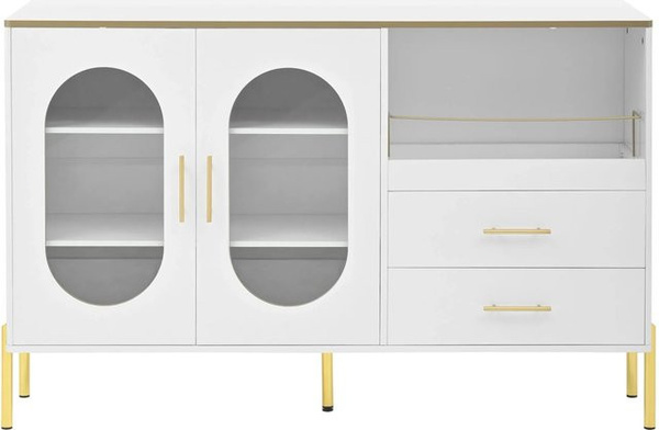 Modernes Sideboard PXloue in Weiß mit goldenen Akzenten, 2 Schubladen und 2 Glastüren, B/T/H: 140 x 38 x 90 cm