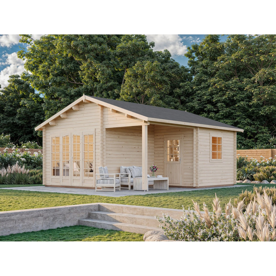 Palmako Irene Blockbohlenhaus aus Fichtenholz mit Satteldach in Braun, B/H/T: 564 x 321 x 598 cm - Bild 2