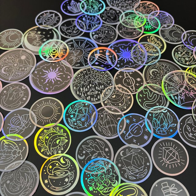 70 Stück transparente PET-Aufkleber mit holografischen silbernen Designs aus Kunststoff für DIY-Projekte, Bullet Journal und Handyhüllen - Bild 1