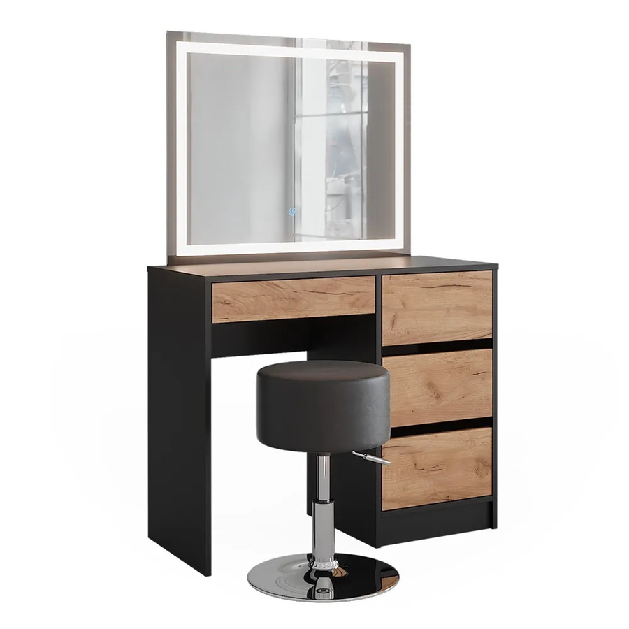 Vicco Schminktisch Sherry in Anthrazit und Goldkraft Eiche mit LED-Spiegel und Hocker, B: 90 cm, T: 40 cm, H: 75 cm - Bild 2