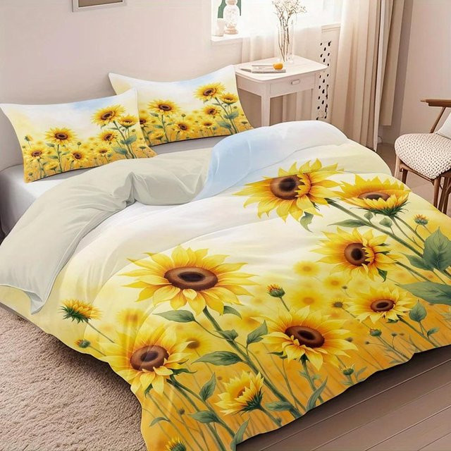 3-teiliges Bettwäsche-Set JMG Household Supplies mit Sonnenblumen-Illustration, Farbe Gelb, Material Mikrofaser Polyester, enthält 1 Bettdeckenbezug und 2 Kissenbezüge, B/H: 135 x 200 cm - Bild 1