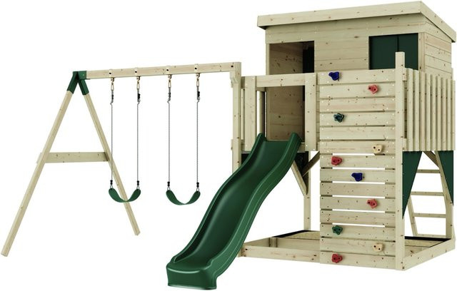 PolarPlay Spielturm Nils aus Holz mit Kinderschaukel und Rutsche, Grün - Bild 1