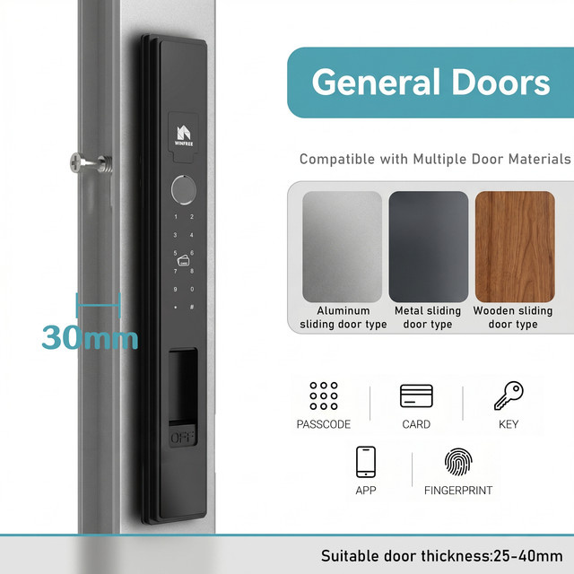 WINFREE Schlankes Schiebetür-Smartlock in Schwarz mit Fingerabdruck, Tuya Bluetooth, Digitalschloss und Schlüssellosem Karten- und Passcode-System - Bild 1