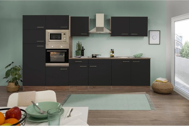 Respekta Küchenzeile KB330EYSMIGKE in Schwarz Seidenglanz und Eiche York Nachbildung, B/T/H: 330 x 55,5 x 205 cm - Bild 1