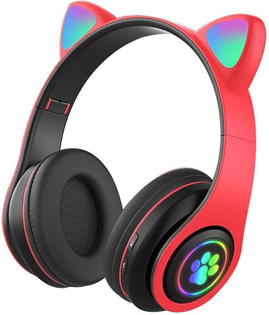 JQIQLY Bluetooth 5.0 Kopfhörer mit Katzenohren und RGB-Beleuchtung, kabellos und kabelgebunden, rot - Bild 1