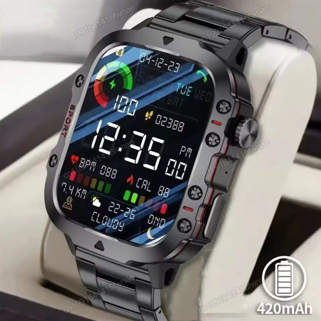 Ola Esporte Militärische Smartwatch mit GPS, Taschenlampe und Bluetooth-Anruffunktion, Wasserdicht, für Android und iOS, Schwarz/Silber - Bild 1