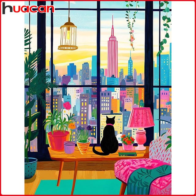 Huacan Diamantmosaik Kunstbild Stadtkatze in Mehrfarbig, modernes Tierlandschaft Wandbild mit Strass-Elementen, B/H: 20 x 30 cm - Bild 1