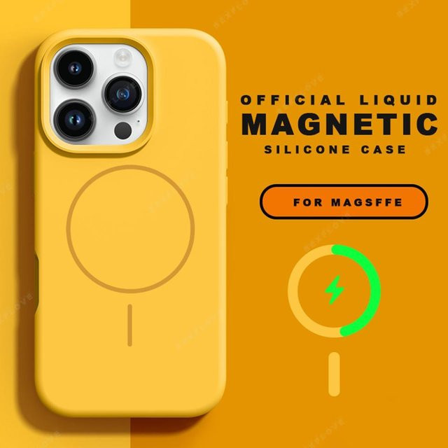 Magnetische Umhängeband-Handyhülle aus Flüssigsilikon für Apple iPhone 16 15 14 13 12 11 Pro Max Plus mit MagSafe Kompatibilität in Gelb - Bild 1