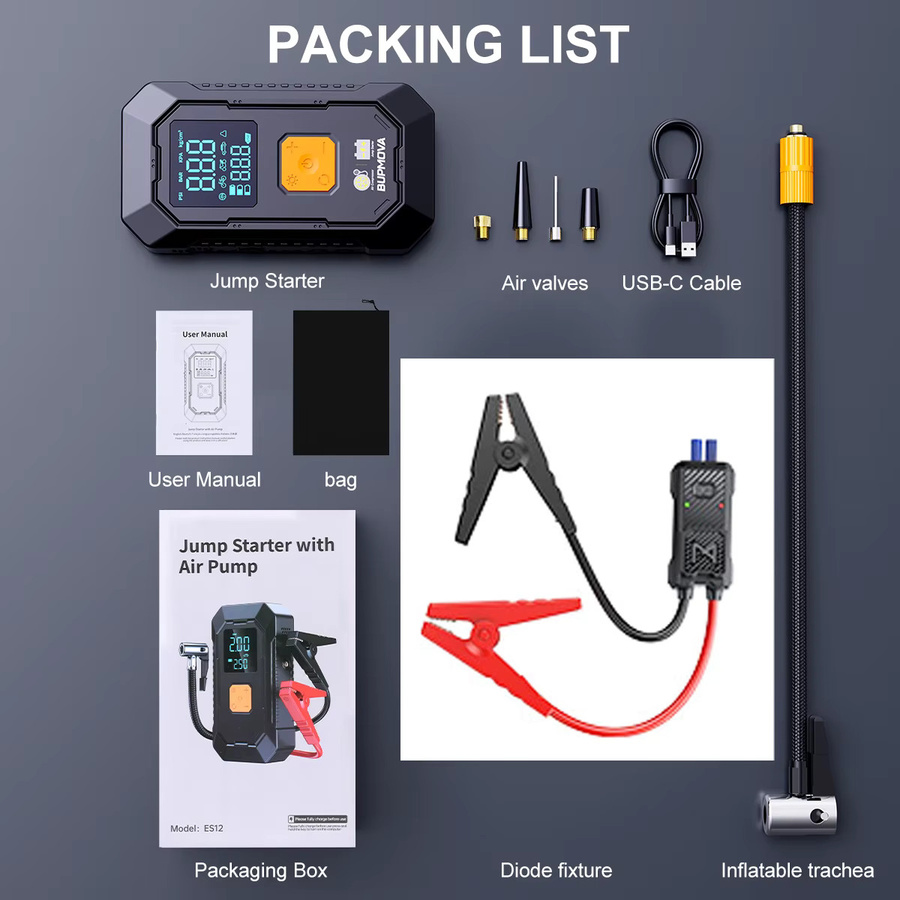 BSMOOM 1500A Starthilfe-Powerbank mit integrierter Luftpumpe und 25000 mAh Akku für Benzin- und Dieselmotoren bis 10,0L, Schwarz - Bild 6