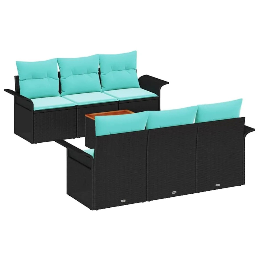 vidaXL Gartensofa-Set aus 7 Teilen in Schwarz und Türkis aus Poly-Rattan mit pulverbeschichtetem Stahlrahmen und Polsterkissen - Bild 2