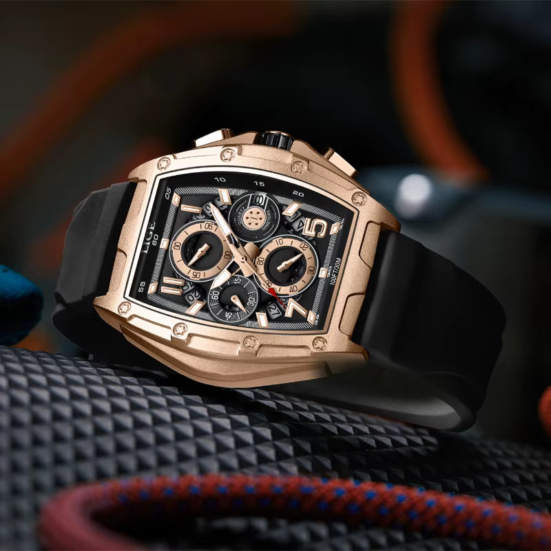 LIGE Armbanduhr Chronograph, Quarz, Edelstahl, Schwarz, Herren, eckig - Bild 2