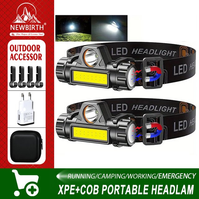 NEWBIRTH Wiederaufladbare XPE+COB LED USB-Stirnlampe mit Magnetfunktion in Schwarz - Bild 1