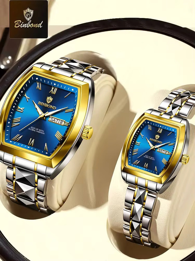 BINBOND Armbanduhr Quarz, Edelstahl, Eckig, Blau, Gold, Unisex - Bild 5