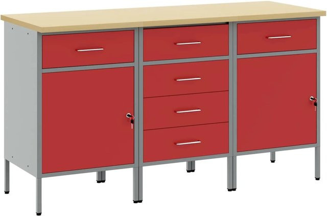 vidaXL Werkbank 3-teilig mit Schubladen und Lochwand in Rot und Grau, B/T/H: 75 x 45 x 85 cm - Bild 1