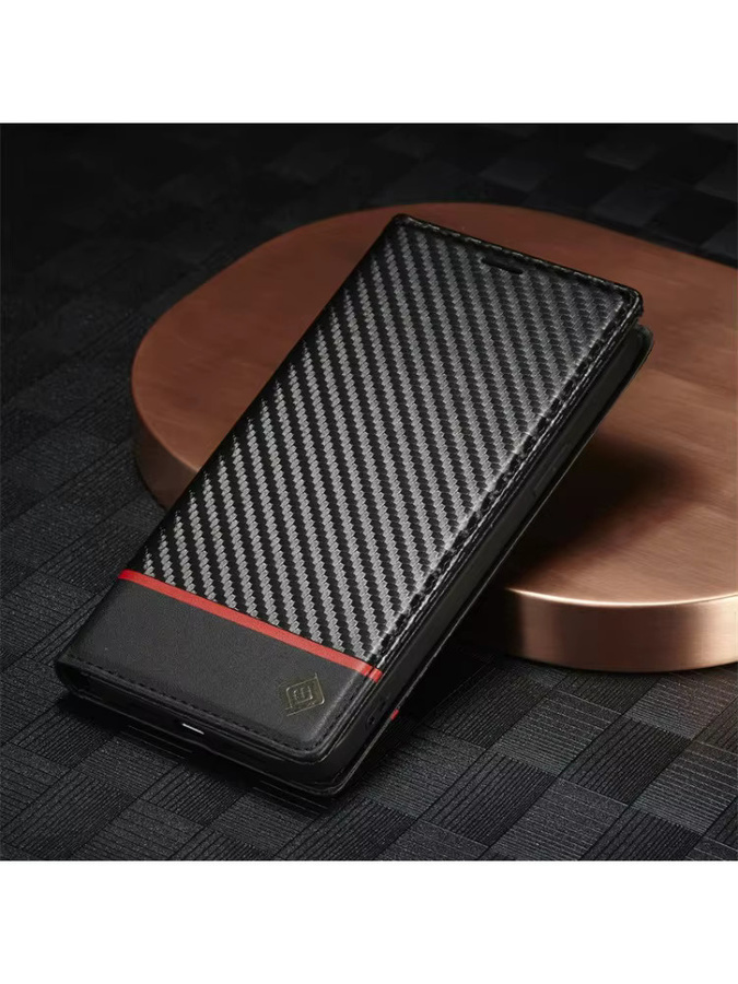 EUCAGR Handyhülle im Buchformat aus Carbonfaser und PU-Leder für iPhone Modelle in Schwarz - Bild 4