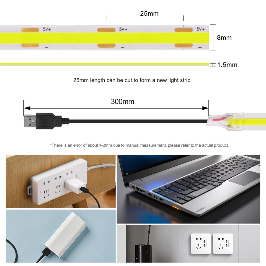 XUNATA COB LED-Streifen USB 5V mit 320 LEDs/m für TV-Hintergrundbeleuchtung und Raumbeleuchtung, Weiß - Bild 3