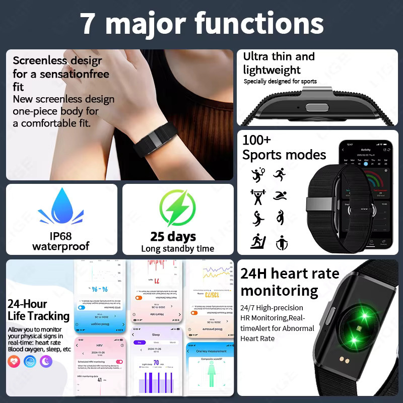 LIGE S01 Smart-Armband Schwarz Sport-Fitness-Tracker mit Herzfrequenzmesser und Schrittzähler wasserdicht für Damen und Herren - Bild 2